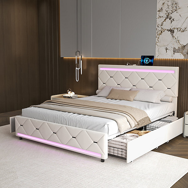 Lit avec Tiroirs, 140x190, LED et Charge USB, Crème Velours