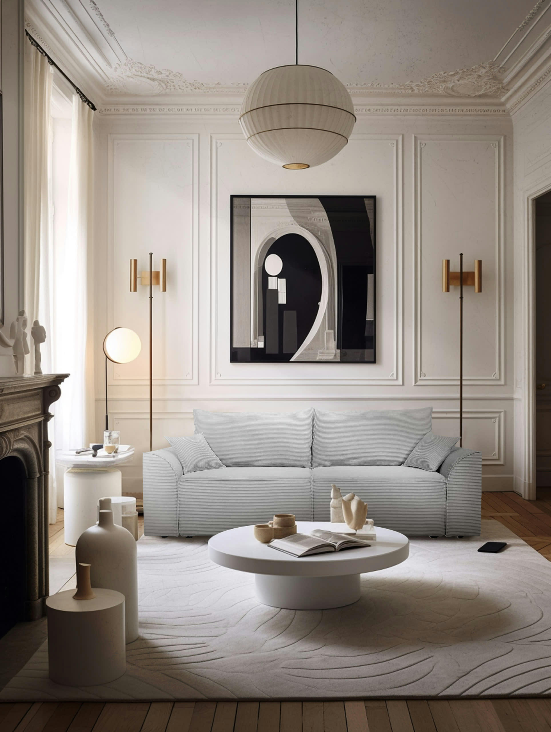 VARENNE - Canapé droit convertible 3 places en velours côtelé gris clair