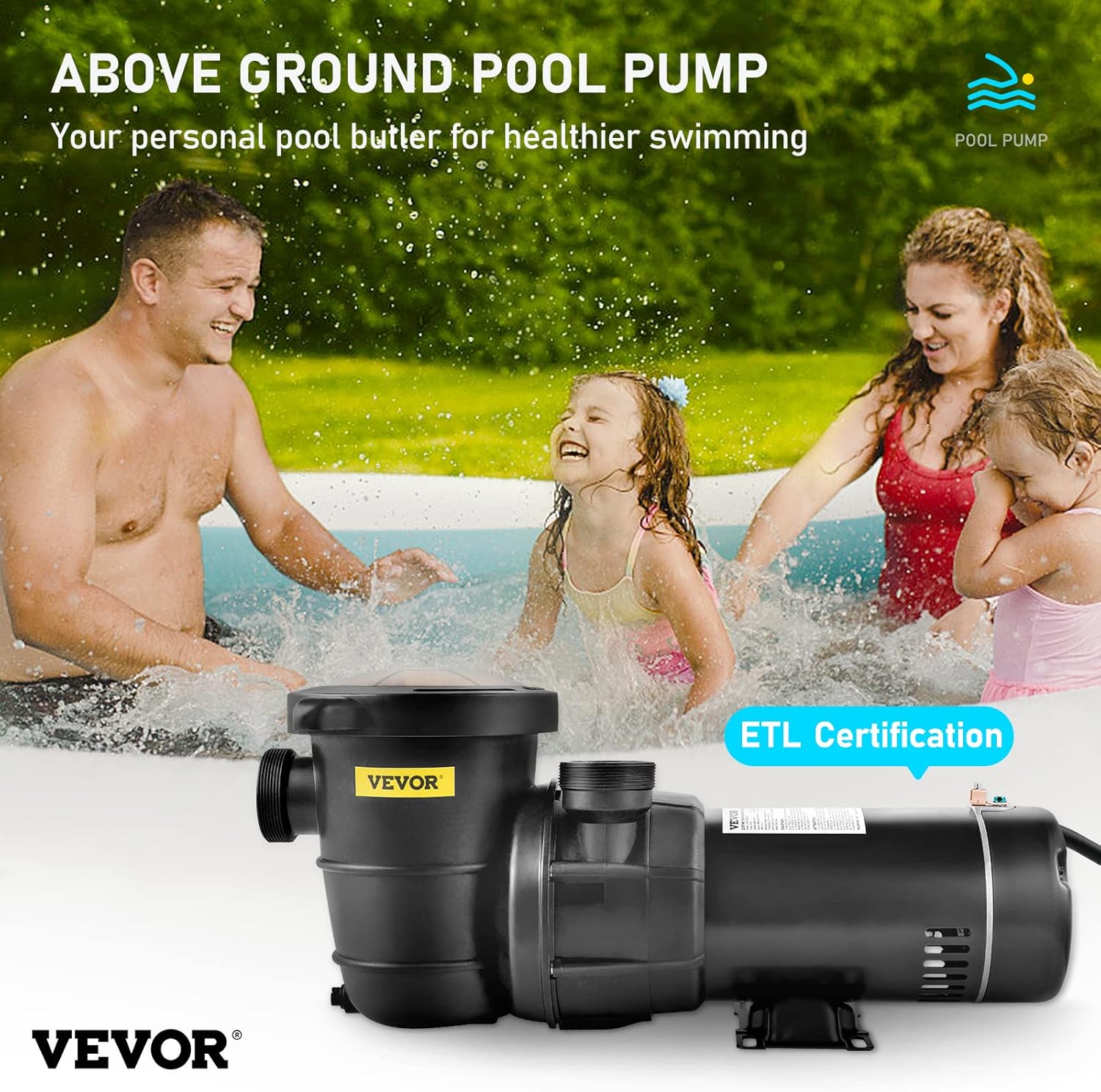 VEVOR Swimming Pool Pump  1.5 HP 115 V  1100 W Single Speed Pumps for Above Ground Pool w/Strainer Basket  5280 GPH Max. Flow  Certification of ETL for Security