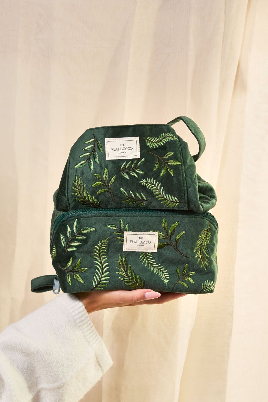 The Flat Lay Co Makeup Box Bag - Green Leaves Embroidered Velvet