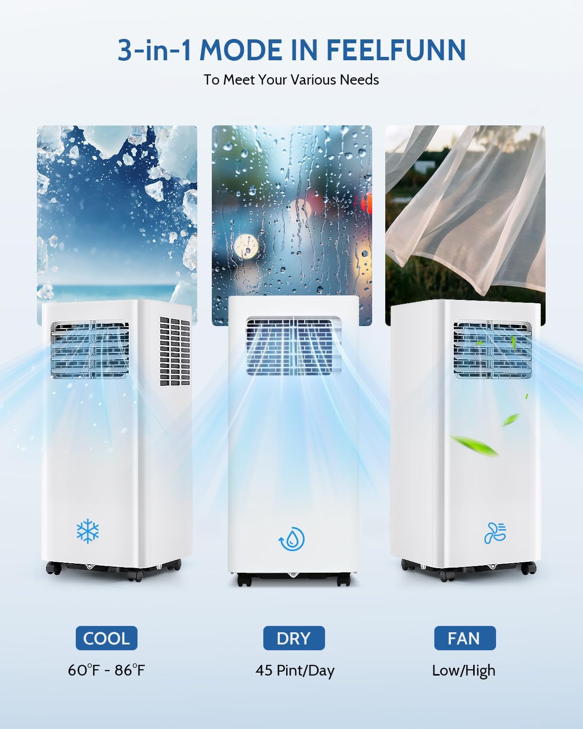 8,000 BTU Portable Air Conditioner - 3-in-1 Portable AC Unit for Rooms Up to 350 Sq. Ft., with Remote Control, Cooling, Dehumidifier & Fan Modes, AC Unit for Bedroom, Office, Apartment