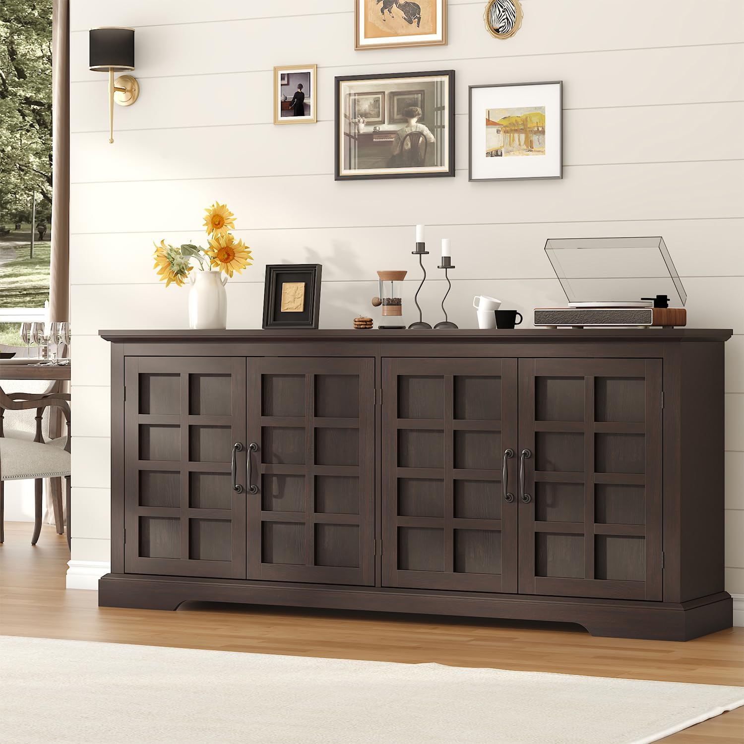 70 Sideboard Buffet Cabinet with Storage, Coffee Bar Cabinet with and 4 Doors, Long Wider Storage Cabinet Modern Farmhouse, Brown Wood, for Kitchen, Dining Room, Living Room