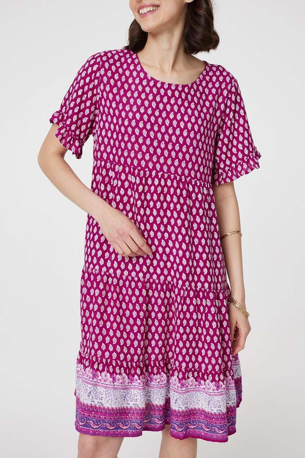 Izabel London Printed Short Sleeve Tiered Smock Dress