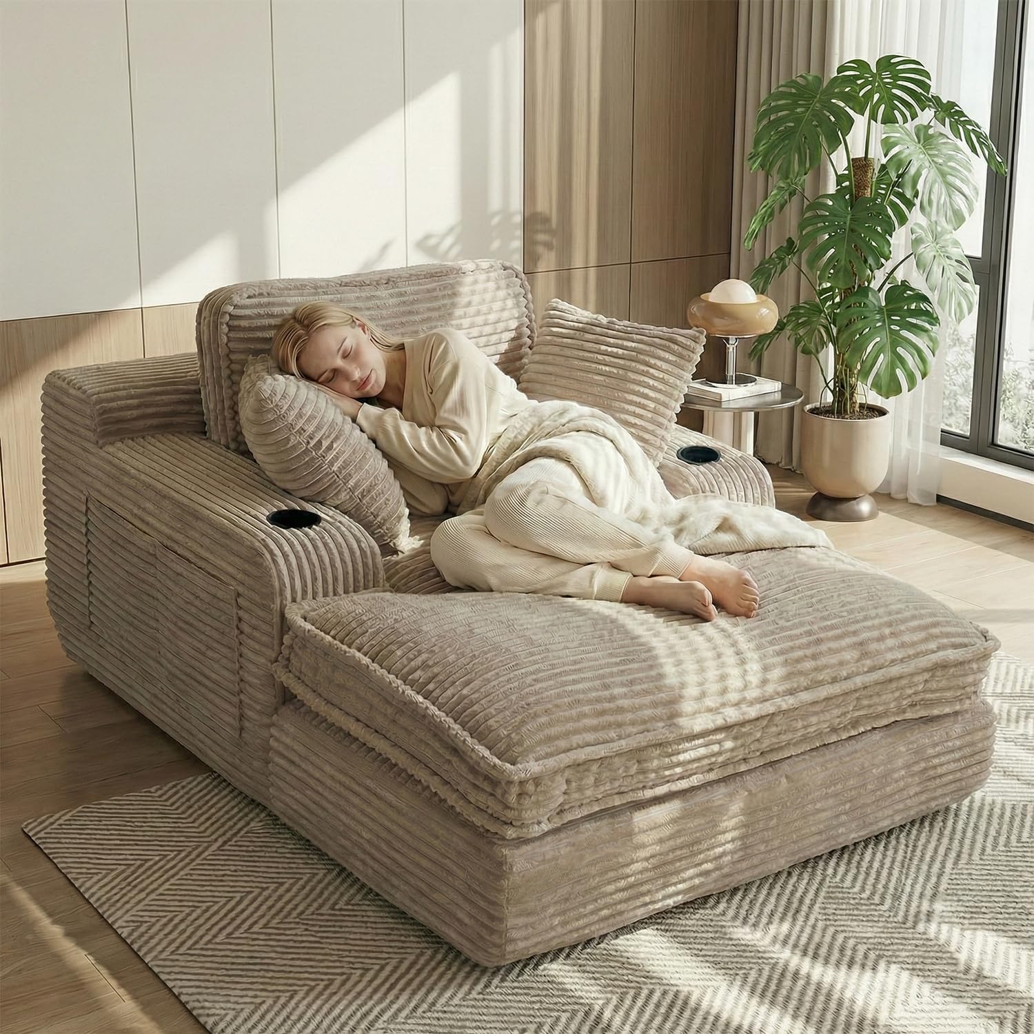 67 Oversized Chaise Lounge Chair Indoor, Soft Boneless Cloud Couch with 3 Pillows, 4 Side Pockets and 2 Cup Holders, Comfy Corduroy Sleeper Couch for Living Room Bedroom