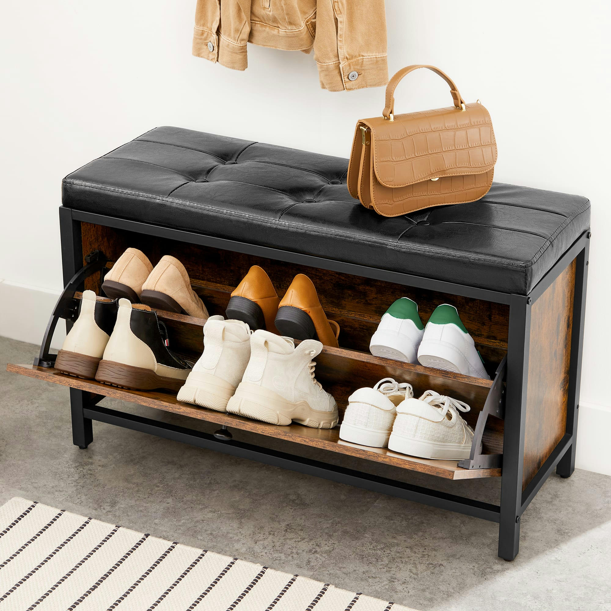 - Banc à chaussures cadre en acier Marron Rustique et Noir