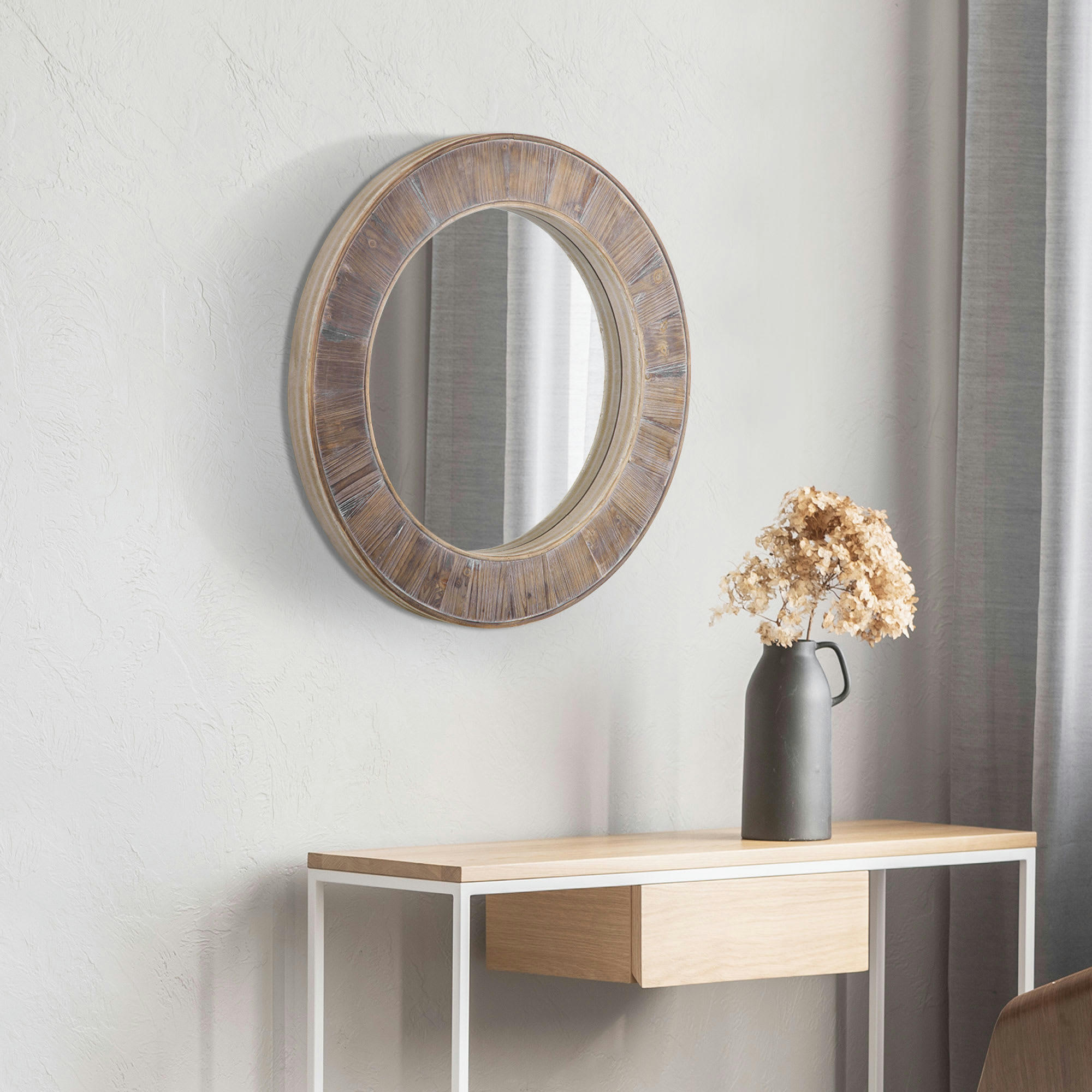 - Miroir rond mural en bois de pin style naturel Ø 79 cm
