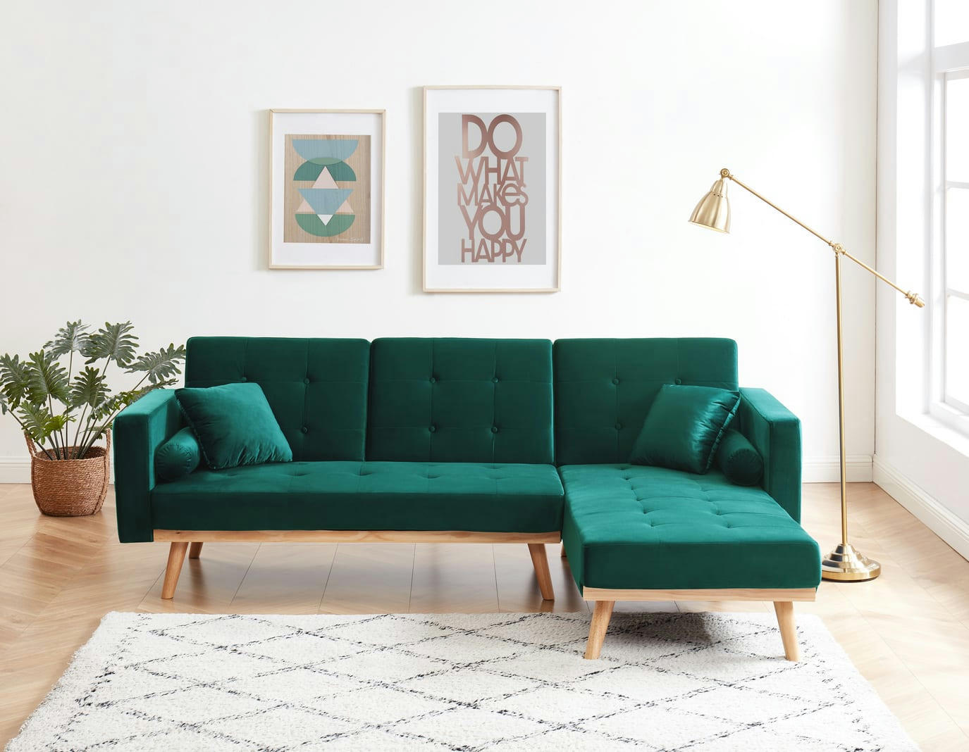 KELLY - Canapé d'angle convertible en velours 4 places vert