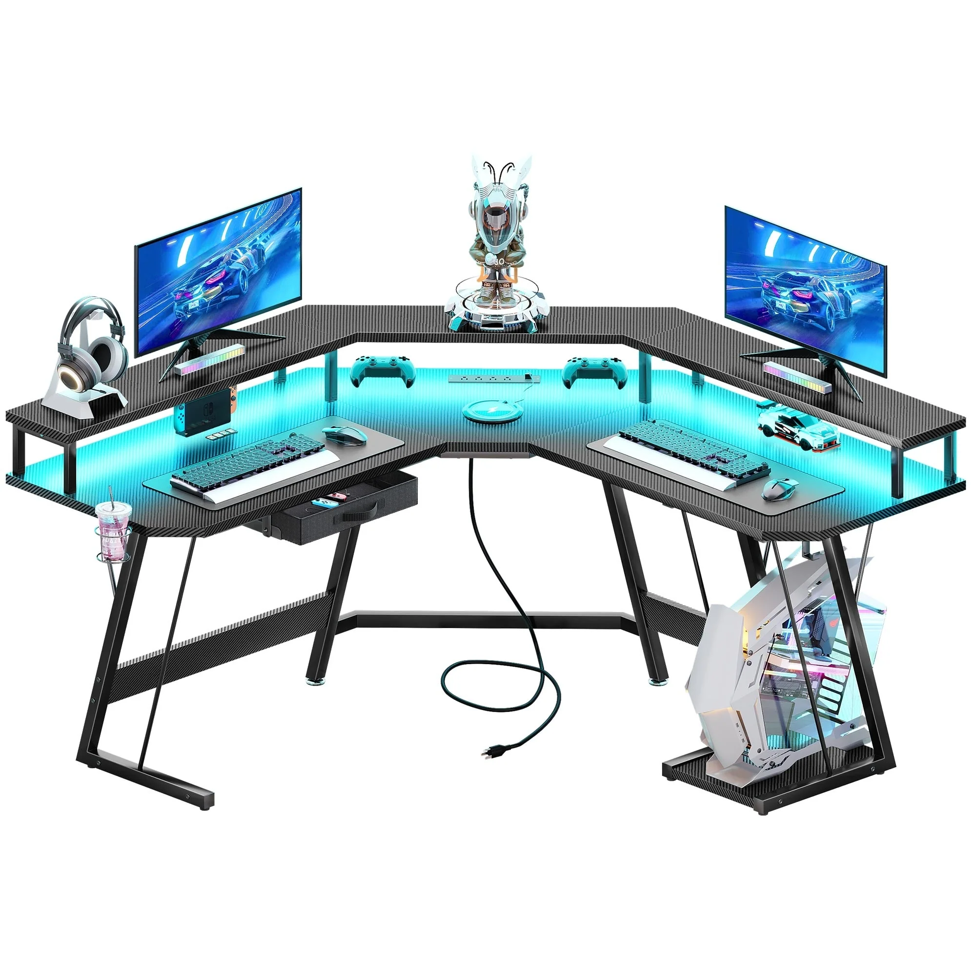 Moasis 56 L Shaped Gaming Computer Corner Desk with LED Lights and Power Outlet