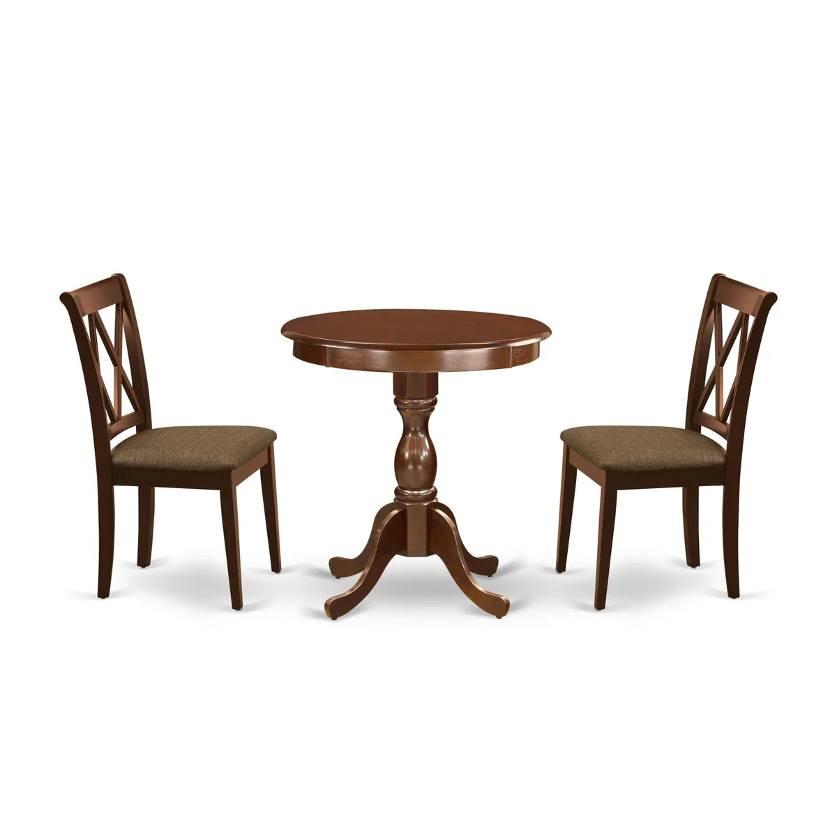 East West Furniture 3 Piece Dining Table Set- a Round Kitchen Table with Pedestal and 2 Dining Chairs, Mahogany(Seat Options)