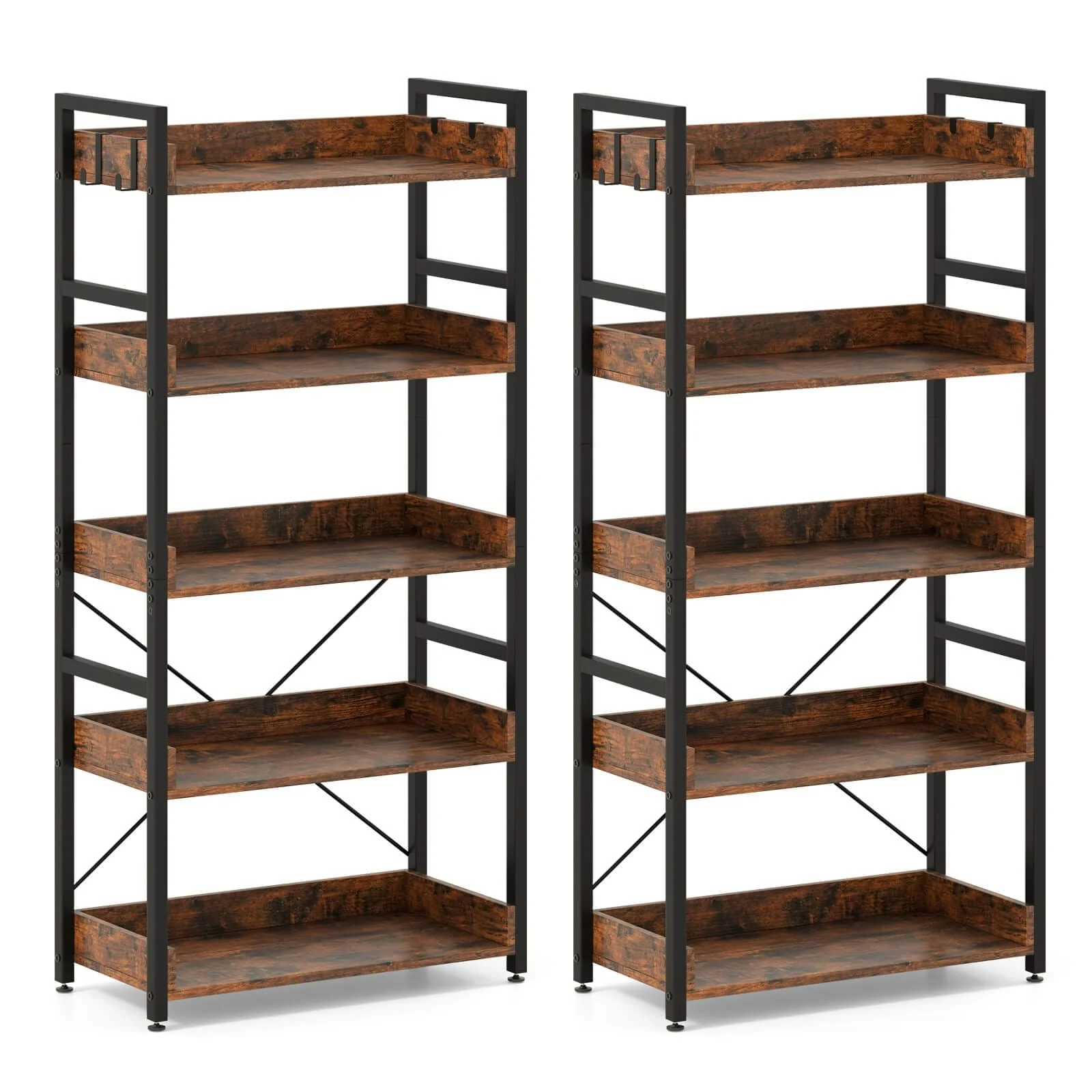 Costway 1/2 PCS 5-Tier Storage Rack with 4 Hooks Open Display Shelves