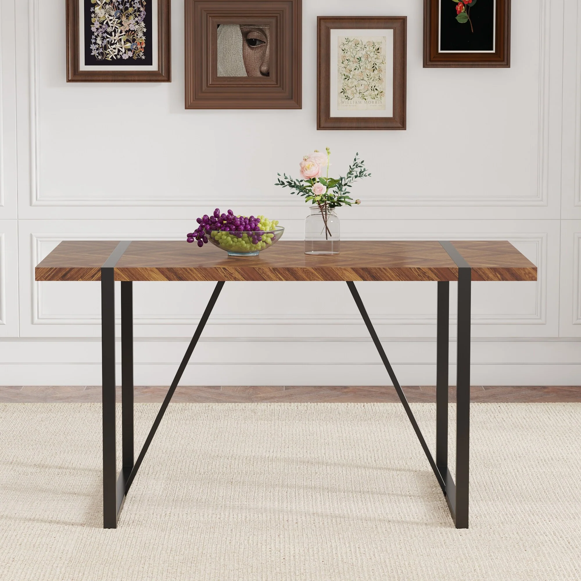 A minimalist retro rectangular dining table with a specially textured top and black metal legs