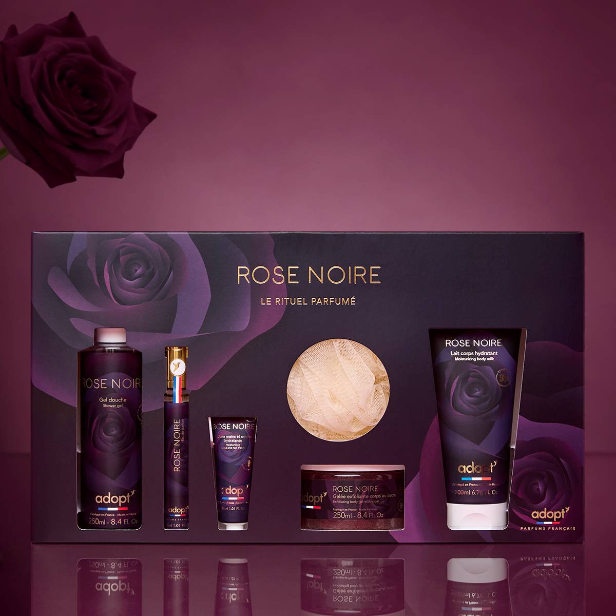 Rose NoireCoffret maxi eau de parfum Rose Noire 30 ml   gel douche 250 ml   lait corps 200 ml   crème pour les mains 30 ml   gommage au sucre 250ml   fleur de bain