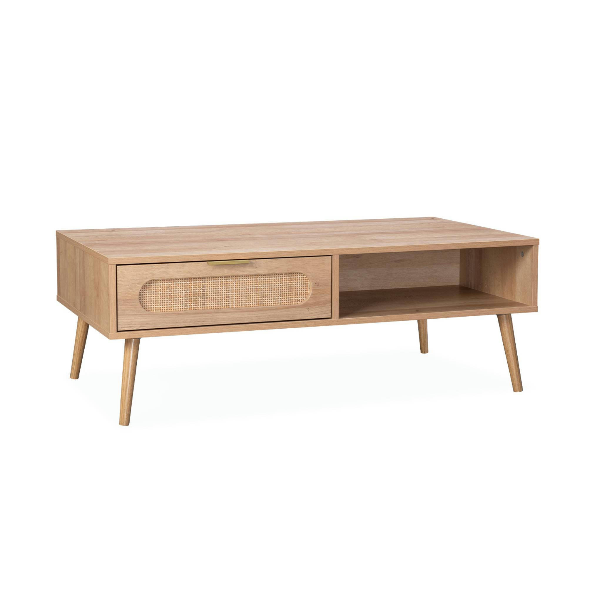 EVA - Table basse cannage arrondi, décor bois