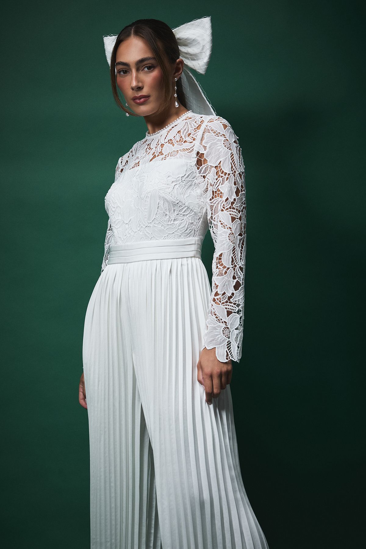 Coast Lisa Tan Lace Top Jumpsuit with Pleated Wide Leg Trouser