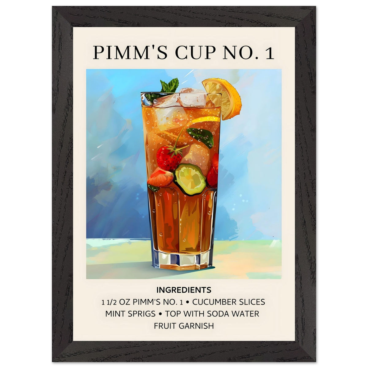 Artfulprints Poster met Lijst Pimm's Cup No. 1 cocktail - Ingrediënten  - A4 21x29.7 cm - Blauw