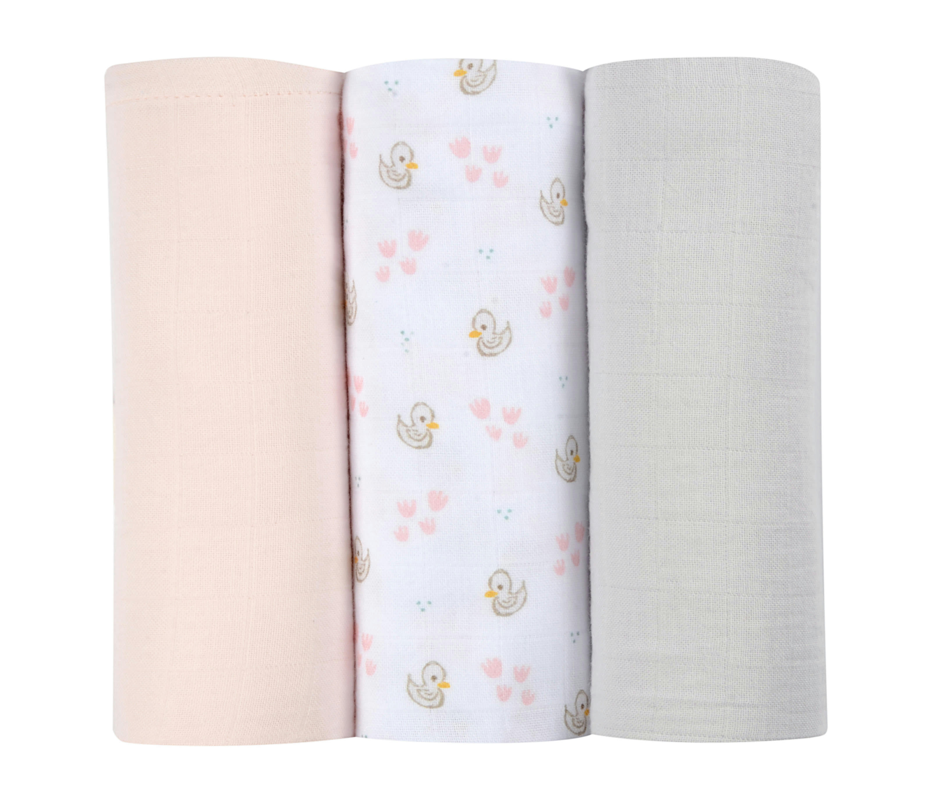BAIN/SOIN - Lot de 3 langes en coton rose/gris