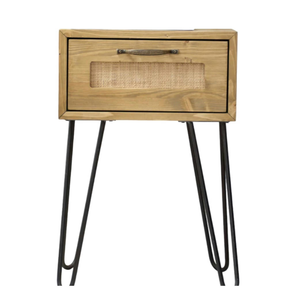 MARNIE - Table de chevet en bois de sapin et raphia en couleur marron