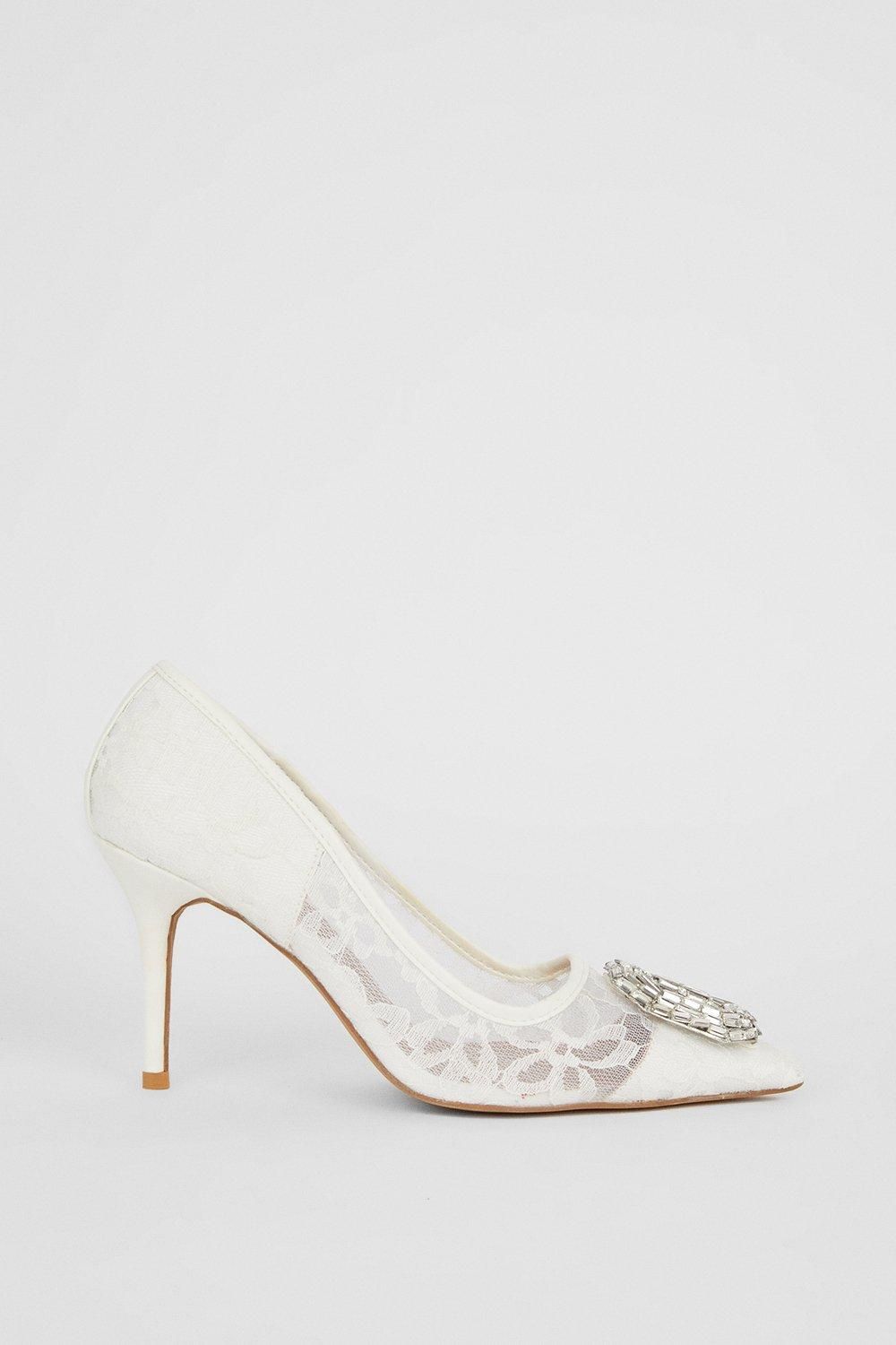 Coast Jewelled Brooch Detail Lace Heeled Court Shoe