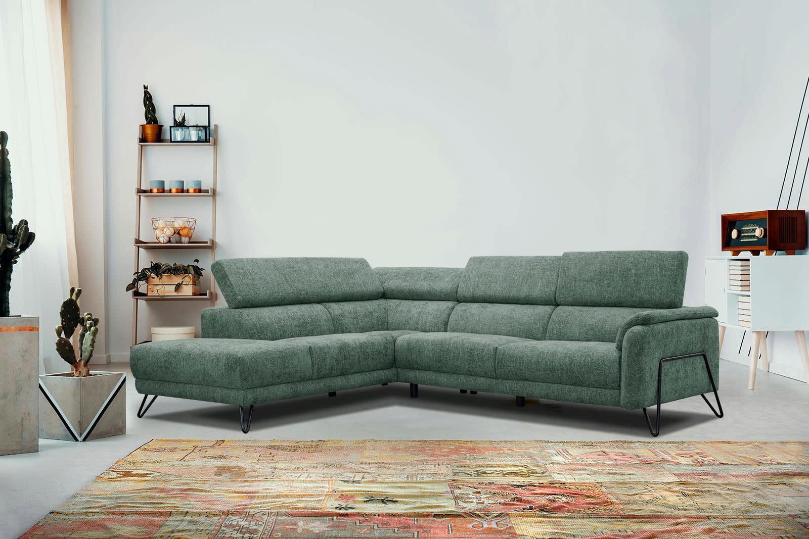 RODEN - Canapé d'angle gauche 5 places tissu vert