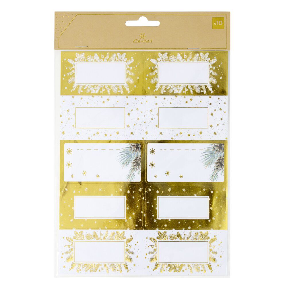 étiquette cadeau de No&euml;l autocollantes x10 motif jaune doré