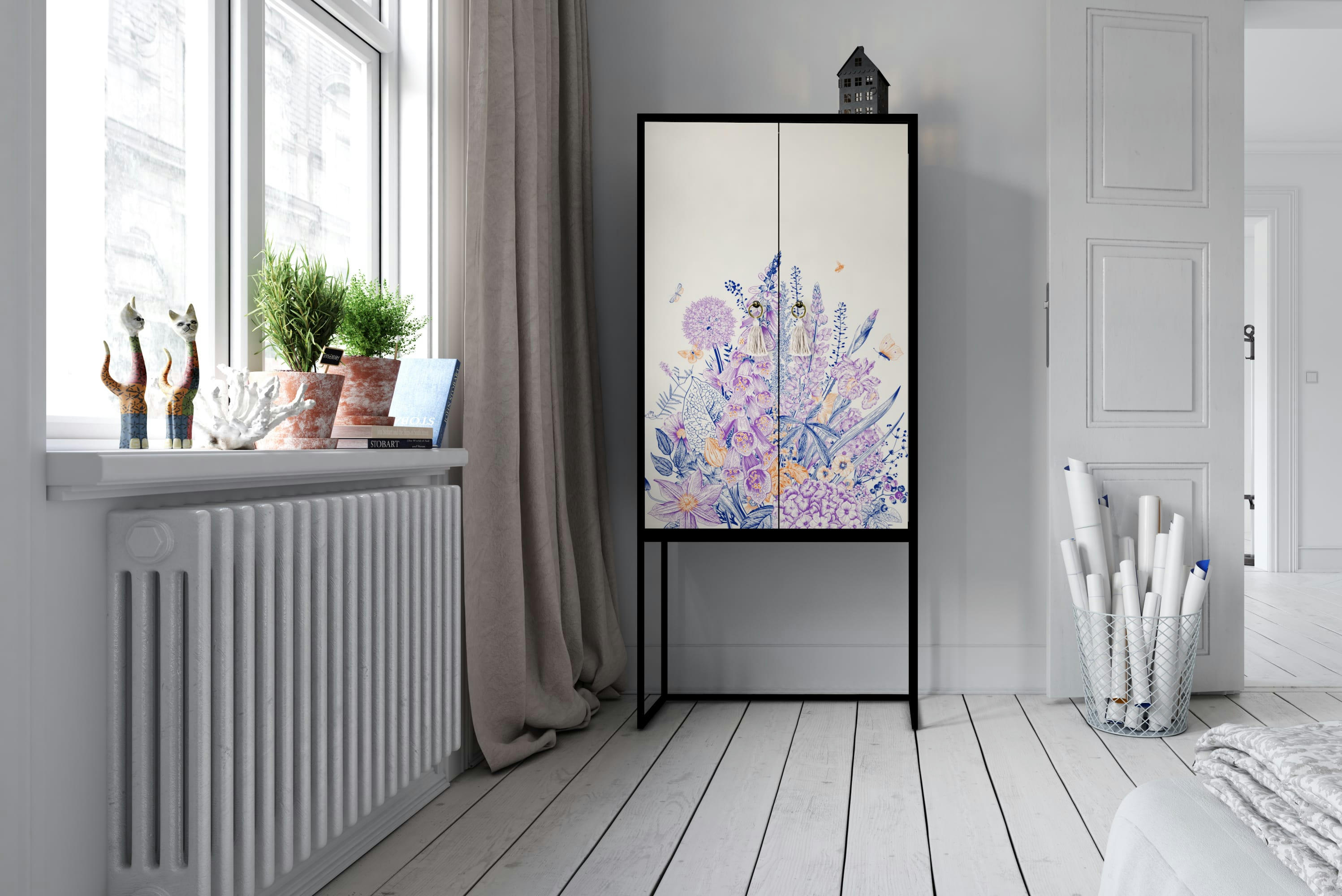 GINA - Buffet armoire 2 portes MDF imprimé floral bleu,violet