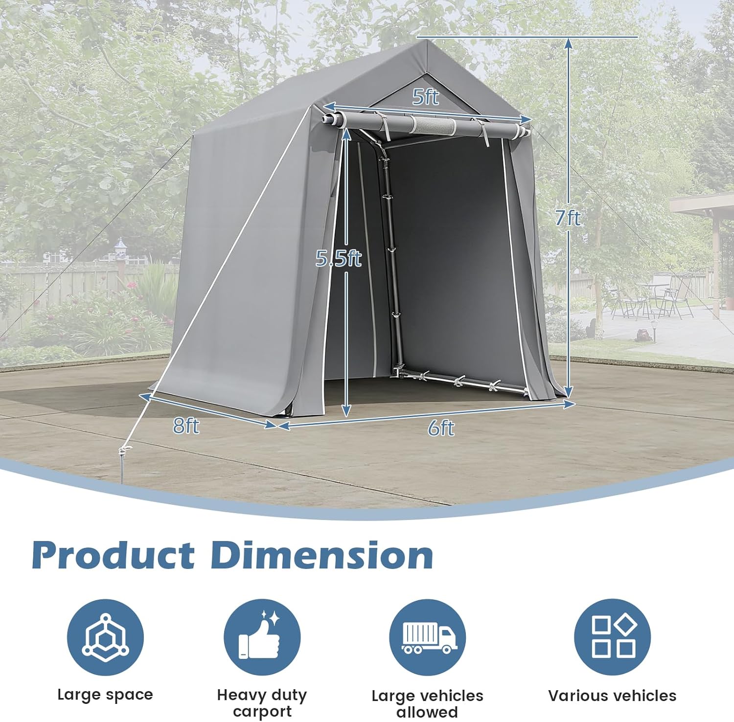 EROMMY 6x8 FT Carport Storage Shed, Heavy Duty Outdoor Storage Shed with Rolled up Zipper Door, Carport Canopy for Motorcycles, Bikes and Outdoor Tools