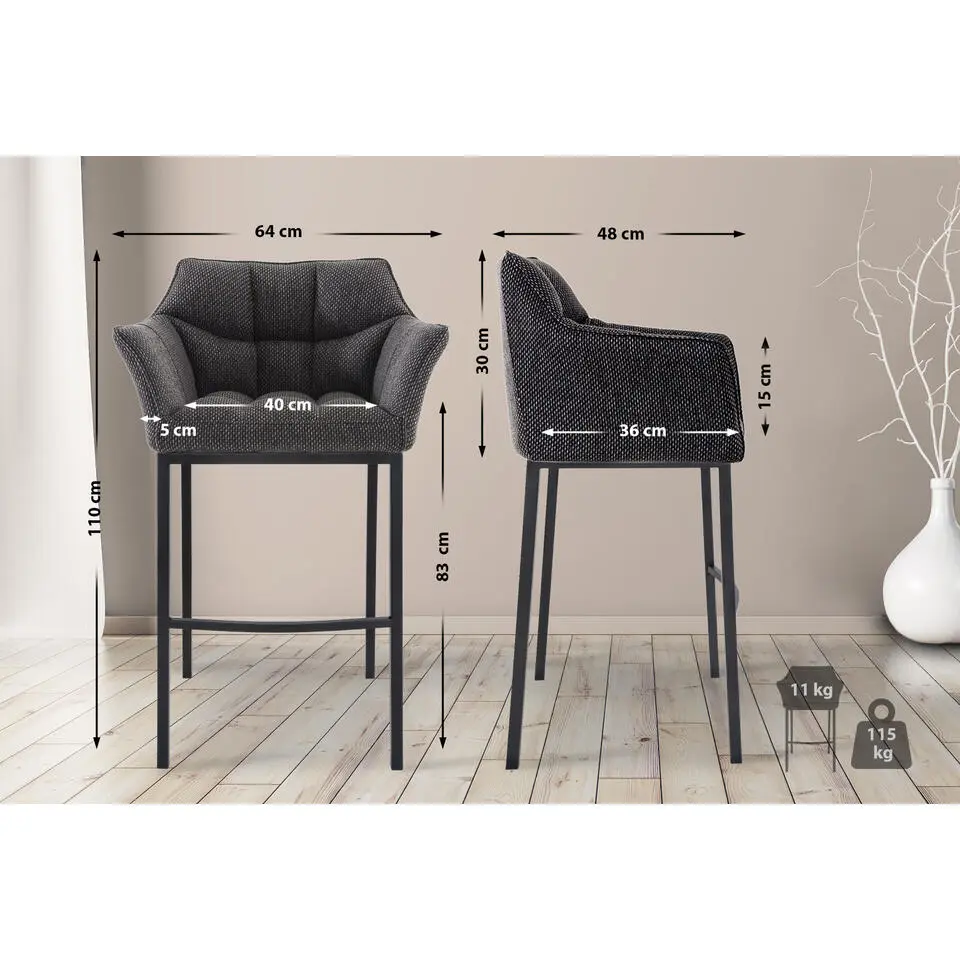 CLP Barkruk Damaso zwart Frame - Stof - titanium grijs