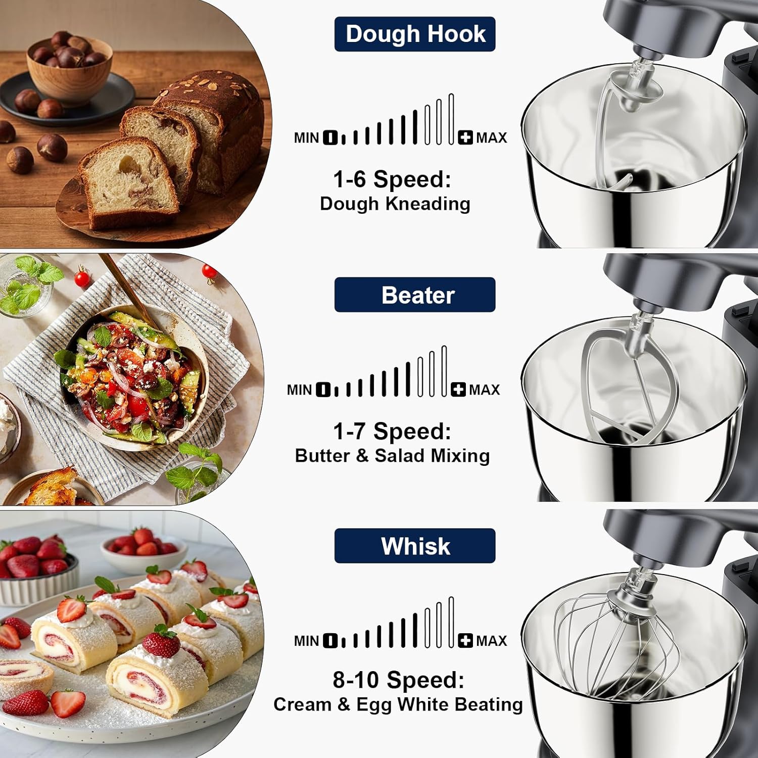 Camic Stand Mixer, 4.2QT+5.3QT Two bowls Electric Food Mixer, 10 Speeds with Digital setting 3-IN-1 Kitchen Mixer for Baking Cakes Cookie Bread Salad with Egg Whisk,Dough Hook,Flat Beater (Grey)