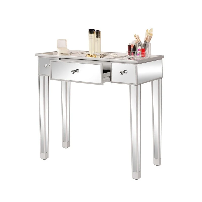 Mirrored Surface 1 Drawer Flip-up Desktop Writing Desk Vanity Desk Silver