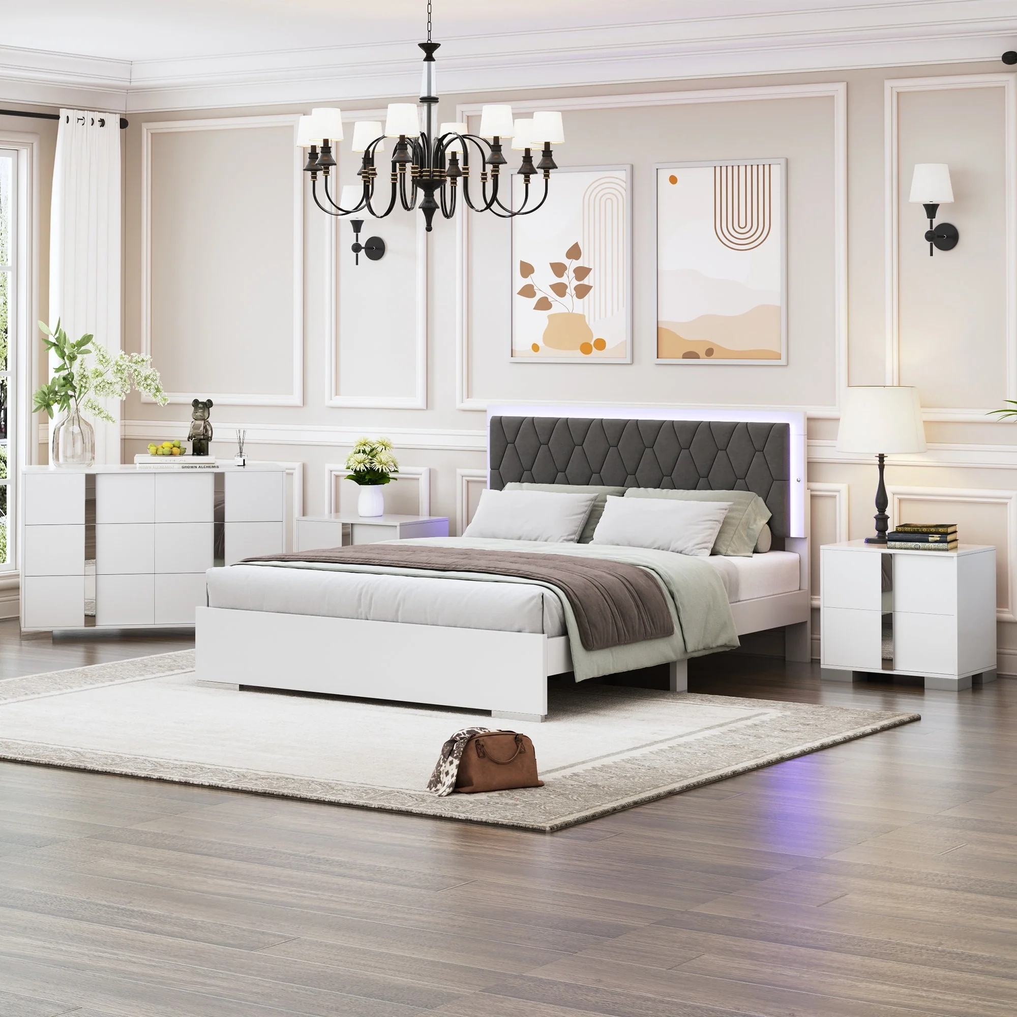 4-Piece Queen Upholstered Platform Bed Set with Mirrored Nightstands and Dresser