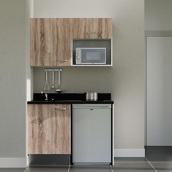 Kitchenette K07 - 120 cm - façades Bois - Plan monobloc en quartz coloris Nero évier à gauche - Electroménager Inox