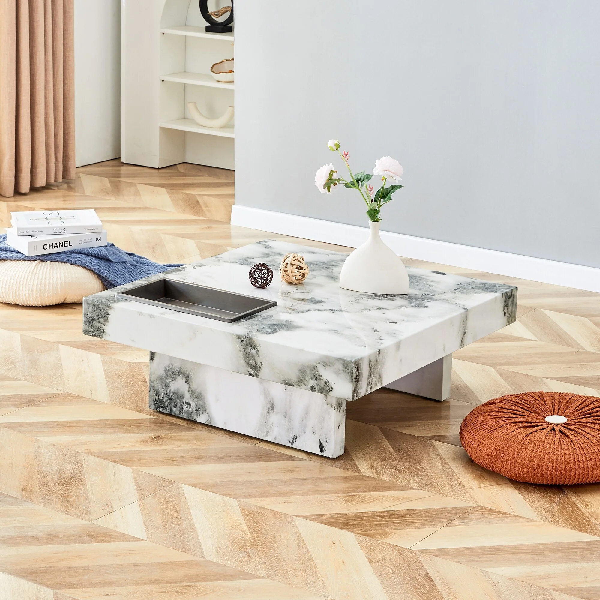 31.4 Faux Marble Coffee Table with Storage, Modern Square End Table Wood Accent Table for Living Room, Home Office