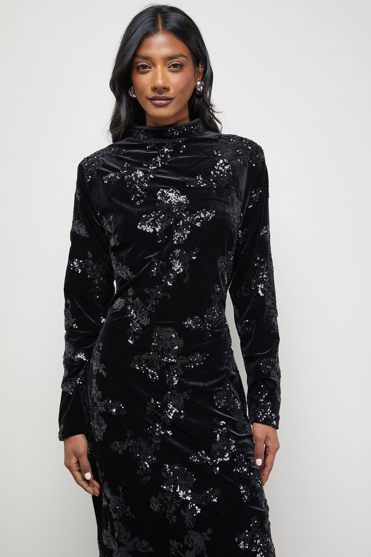 Warehouse Velvet Sequin High Neck Backless Midaxi Dress
