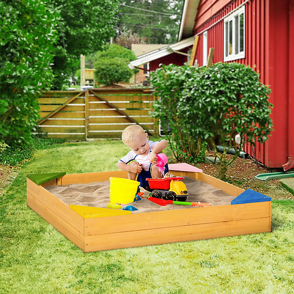 Bac à sable carré en bois pour enfants 4 assises en coin et film protection 109 x 109 x 19,8 cm bois naturel