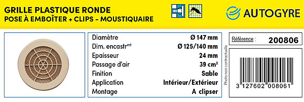 Grille d'aération PVC Autogyre avec moustiquaire sable Ø 125 mm