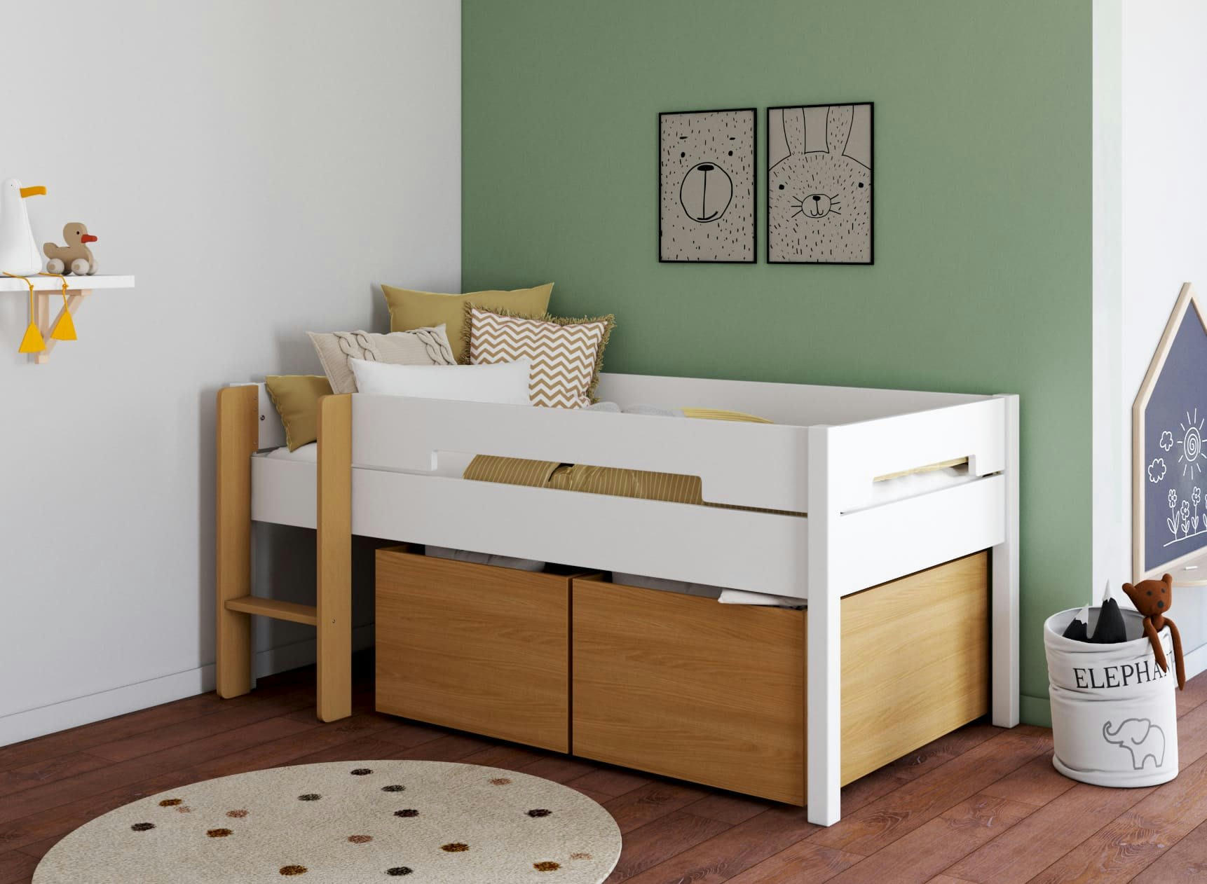 ANGEL - Lit mi-hauteur avec rangement Blanc et Bois