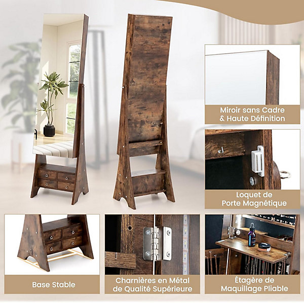 Armoire à Bijoux Autoportante Miroir Pleine Longueur Bande Lumineuse Led Lumineuse Miroir de Maquillage Intégré Marron