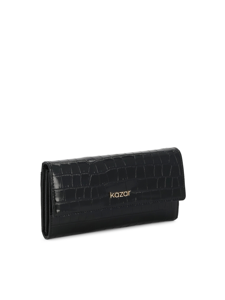 Black embossed leather wallet with magnetic closure