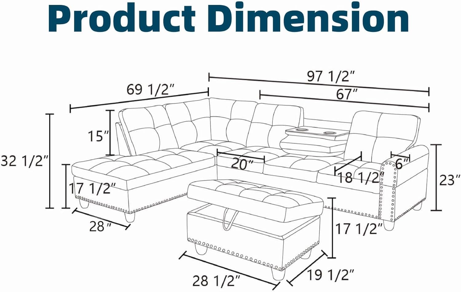 97.5 L Shaped Couch Set, Modular Sectional Couches for Living Room with Storage Ottoman, 4 Seat Home Sofa Living Room Furniture Sets with Chaise for Apartment Office (Leather, Black)