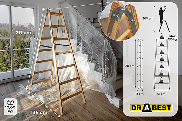 échelle de peinture en bois 2x7 DRABEST 7 marches, 1 pièce.