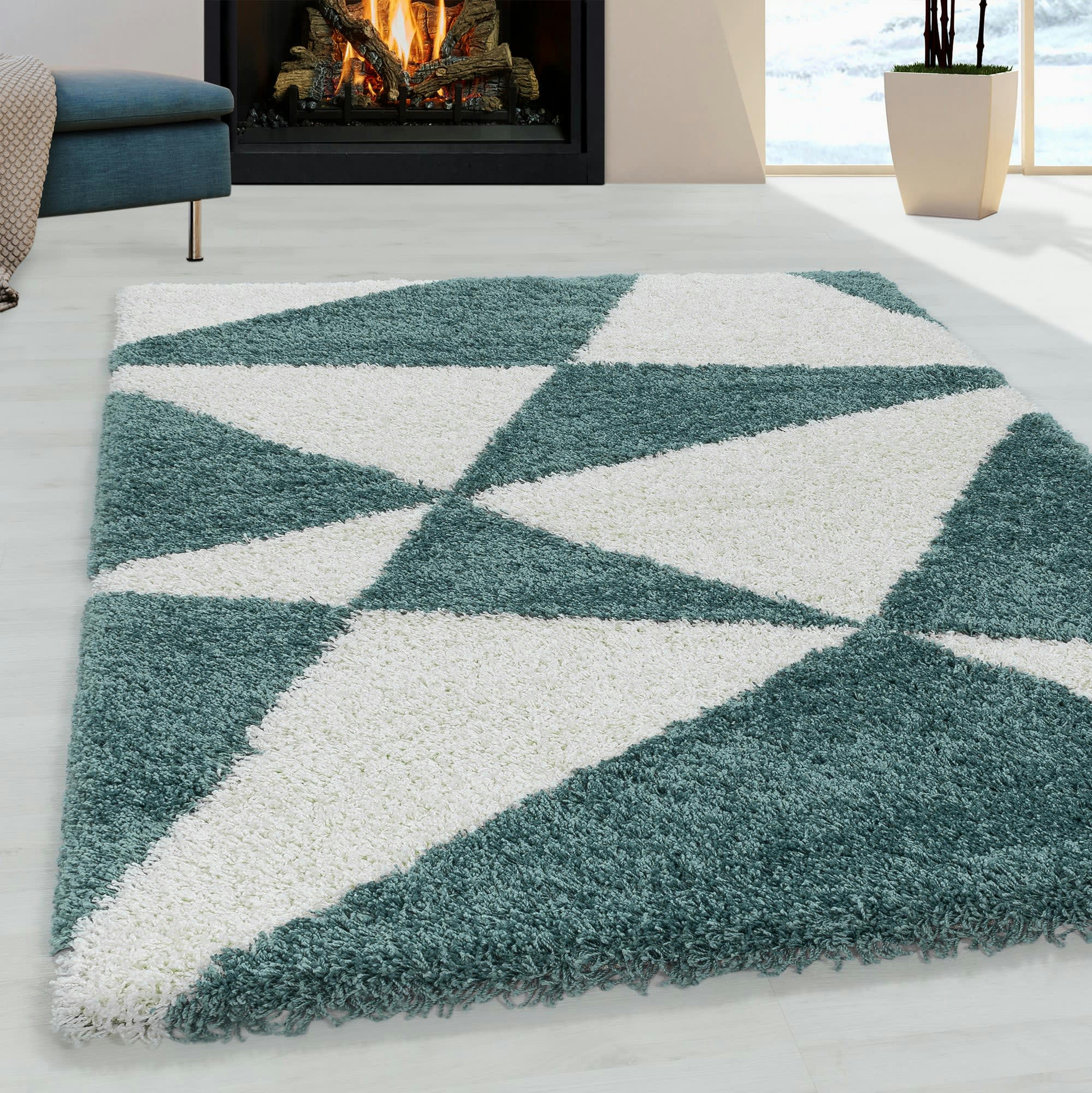 TRIANGLE - Tapis à poils longs géométrique turquoise et blanc 120x170cm