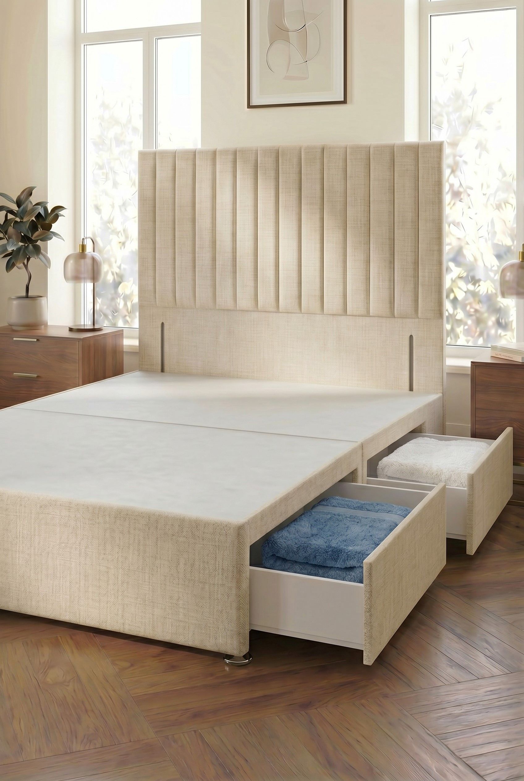 Somnior Eleanor Divan Bed 4 Drawers and 54" Floor Standing Headboard Linen