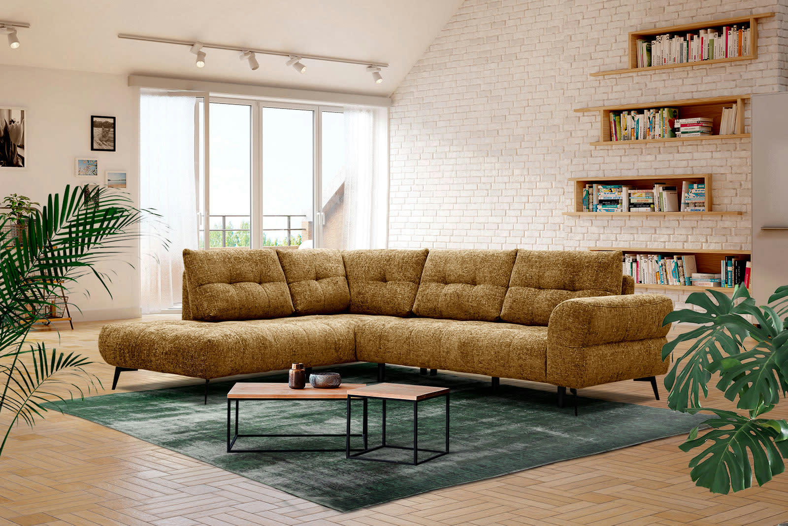 SALVINI - Canapé d'angle gauche 5 places tissu doré