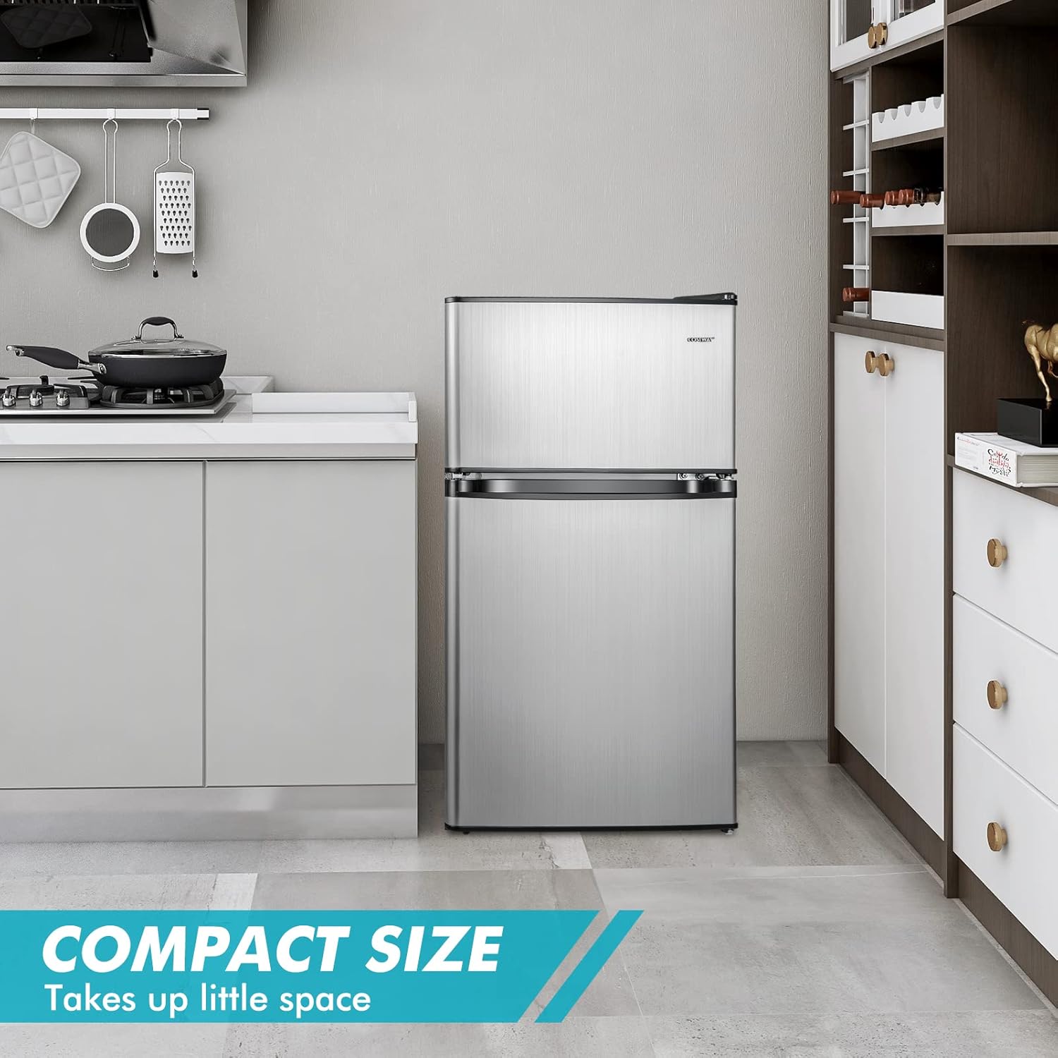 COSTWAY Compact Refrigerator, 3.2 Cu.Ft. Fridge Freezer Compartment with Reversible 2 Door, Adjustable Thermostat, Removable Glass Shelves, Mini Refrigerator for Bedroom Dorm Apartment, Silver