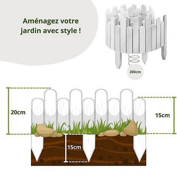 Bordure de Jardin en Bois Clôture d'Extérieur 200 cm x 20 cm Blanc Barrières de Jardin Piquets d'ancrage Bordure de Gazon