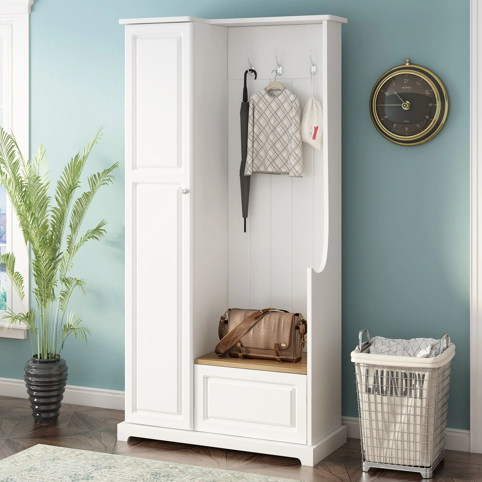 Stylish Hall Tree with Flip-Up Bench, Adjustable Shelves, and Hanging Hooks for Entryway, Mudroom, or Bedroom (White)