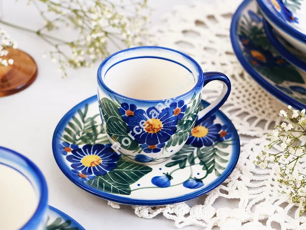 Filiżanka ze spodkiem do espresso 0,11 L / 12,5 cm Bolesławiec - Kwiaty Kuleszy gat. I