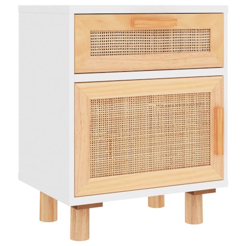 NNEVL Bedside Cabinets 2 pcs White Solid Wood Pine and Natural Rattan