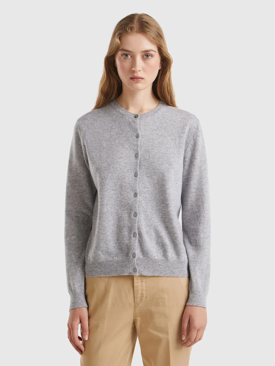 Marl gray crew neck cardigan in pure Merino wool