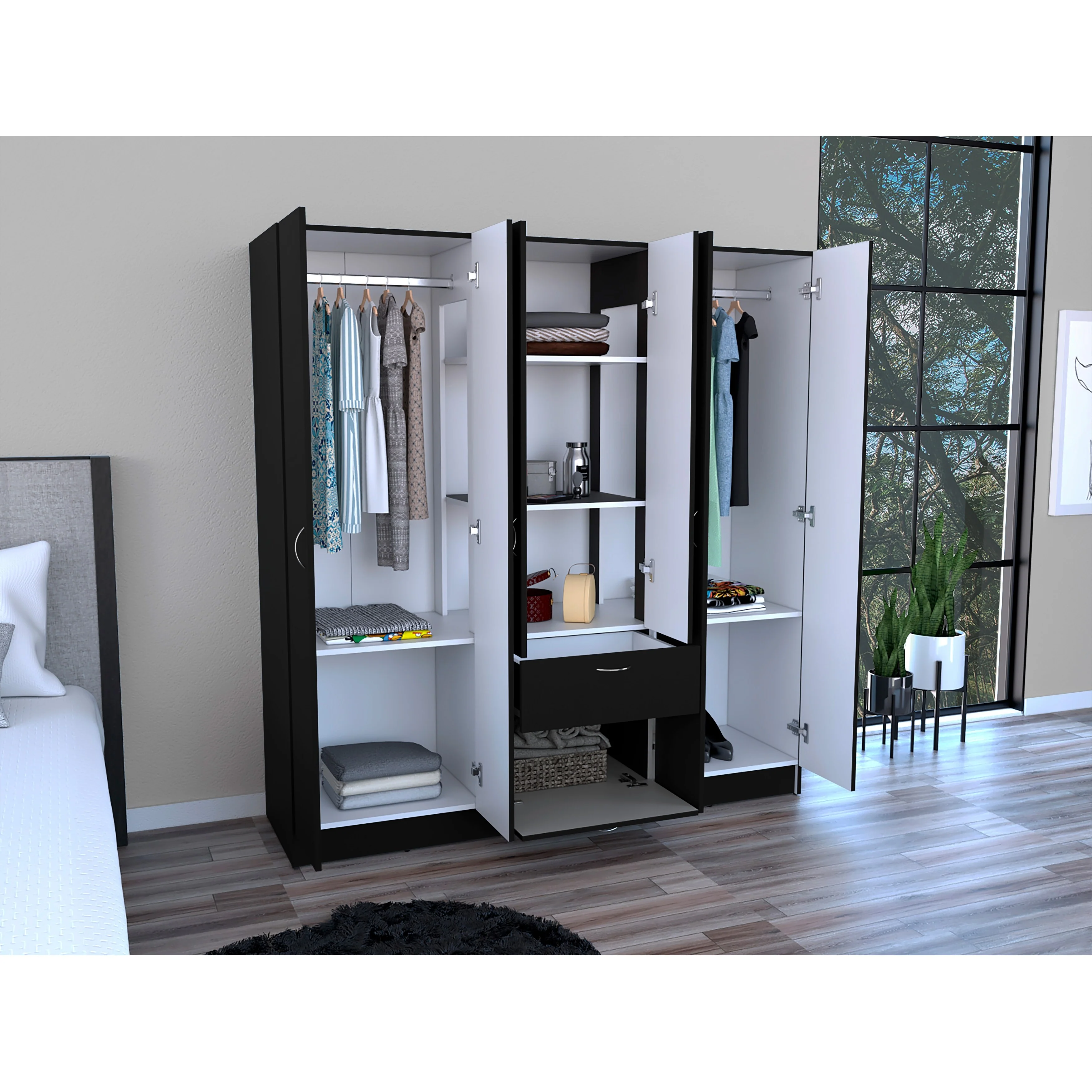 18.62 Modern Six-door Armoire with Hanging Rod, Spacious Drawer and Three Interior Shelves